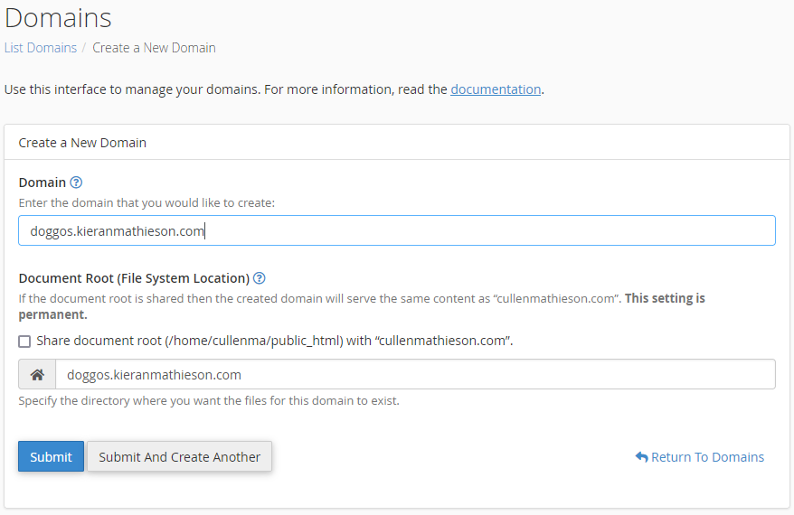 Subdomain form